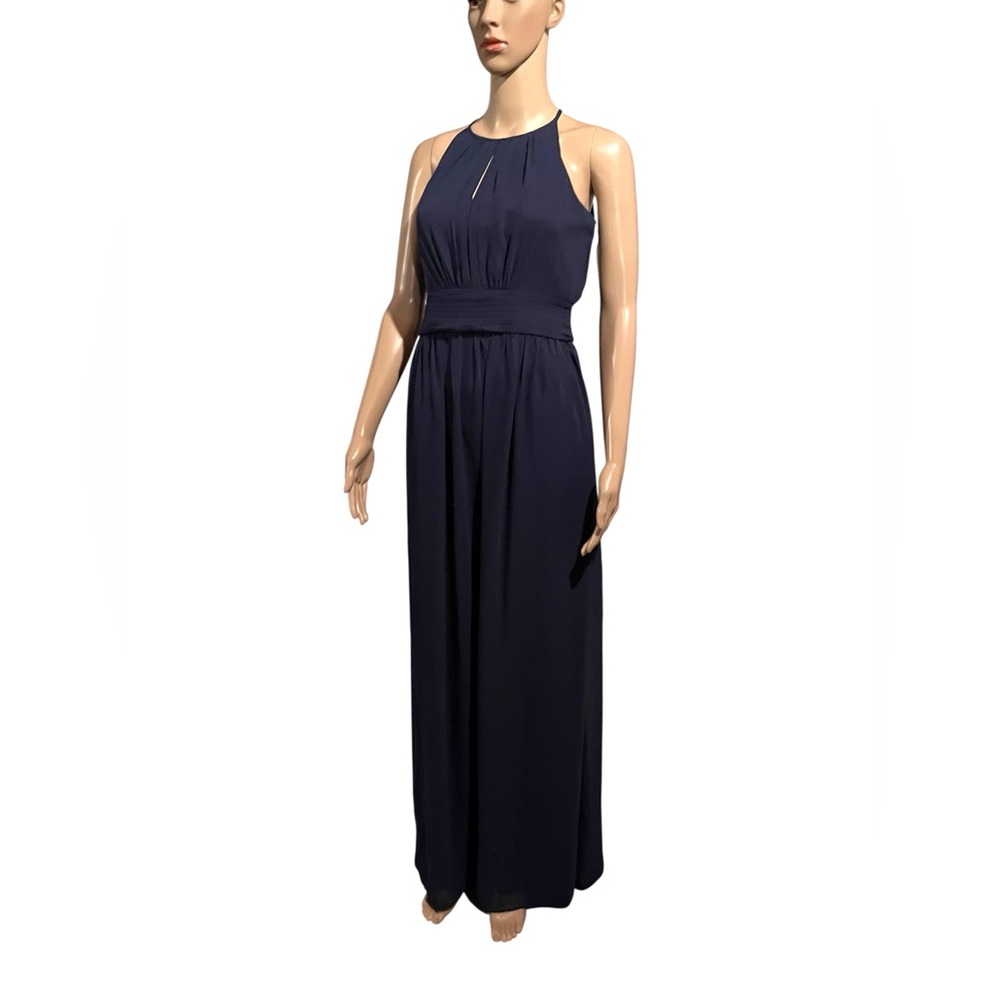 Celebrate by DB Studio High Neck Pleated Chiffon Gown Keyhole Front Marine 8